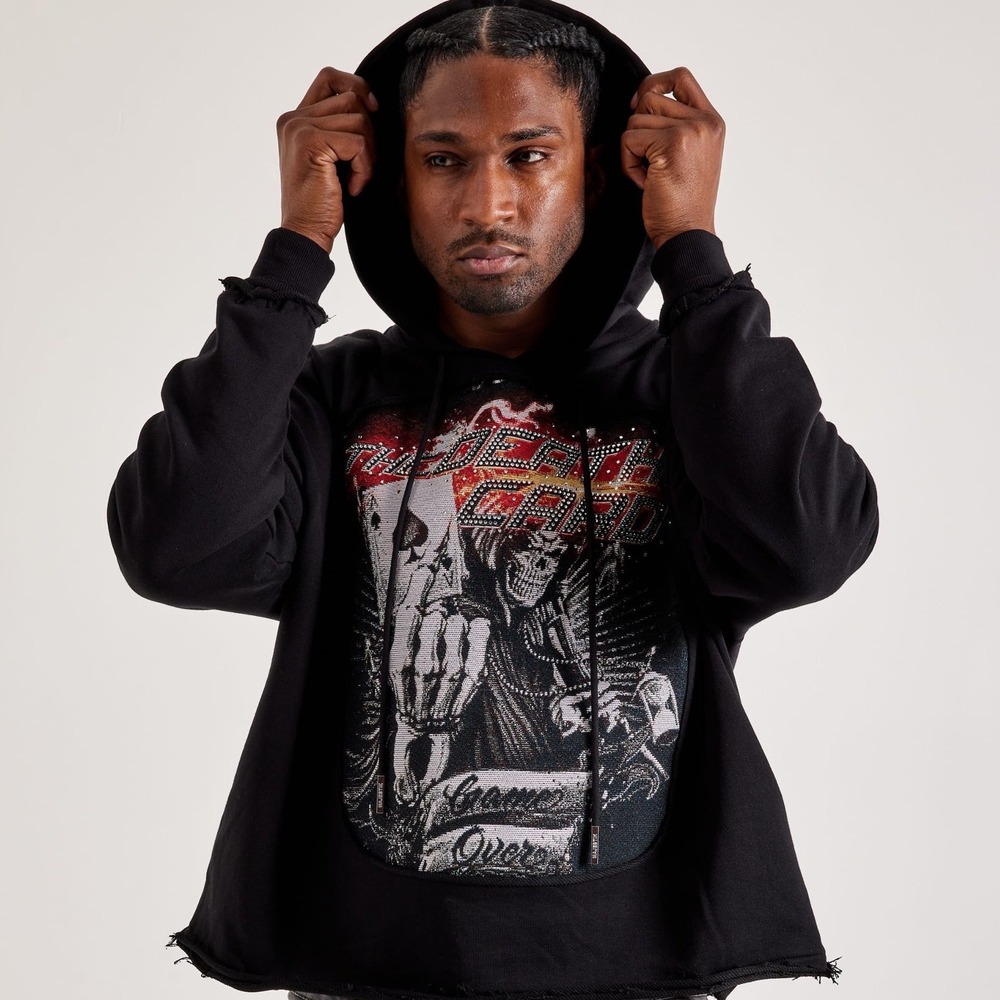 Majestik Mens The Death Card Rhinestone‎ Tapestry Patch Cropped Hoodie Black M